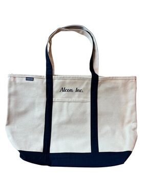 Lands’ End Canvas Tote Bag Navy Cream Embroidered Logo NWOT